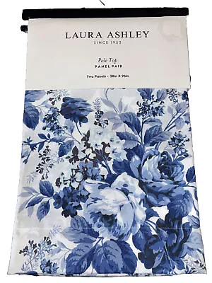 2x Laura Ashley Joyce Blue Toile Cabbage Rose Floral Window Curtains Panel 38x96 • $78.99