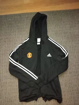 Manchester United Adidas Mens Stripe Fleece Hoodie - Black | Size M (Medium) NEW • £30