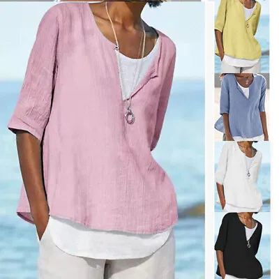 Womens Linen Casual Blouse Ladies Button T Shirt Short Sleeve Tops Tunic AF • £9.39