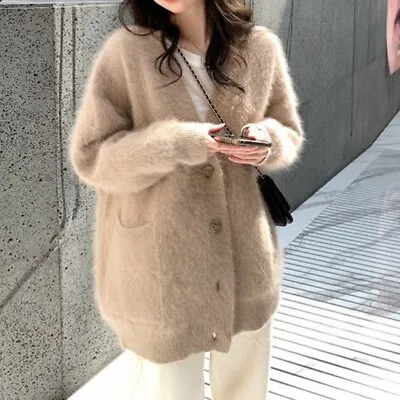 Womens Lazy Loose Sweater Camel Faux Mink Fur Japanese Knitting Cardigan Coat • $42.83