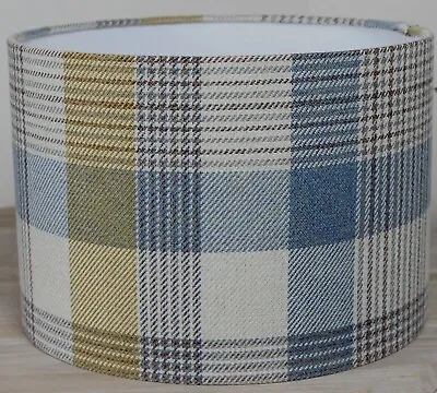 Katrine Cornflower Blue/gold Tartan Tweed Highland Country Check Drum Lampshade • £22.99