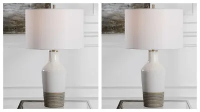 £385.76 • Buy Two Dakota 27  Modern White Crackle Glaze Ceramic Table Lamp Uttermost 28398