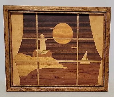 Vintage Pacific Marquetry Wood Inlay Lighthouse Window Scene Signed • $100