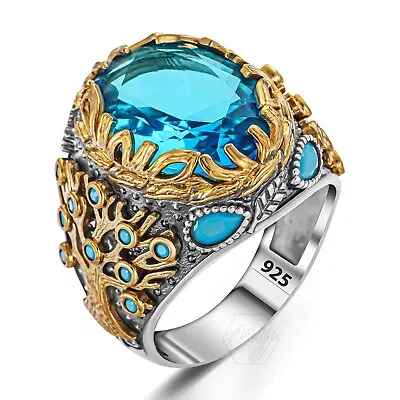 925 Sterling Silver Life Tree Aquamarine Stone Men's Ring With Turquoise Details • $44.90