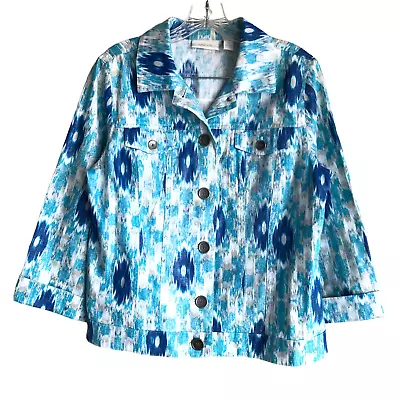 Chico's Women's Jacket Size 1 Linen Cotton Metallic Shimmer 3/4 Sleeve Blue • $9.77