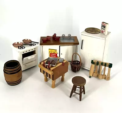 Miniature Dollhouse Furniture White Kitchen Sink Oven Fridge Butcher Block Food • $25
