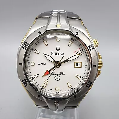 Bulova Marine Star Watch Men 39mm White Dial Silver Tone Alarm Date New Battery • $149.99