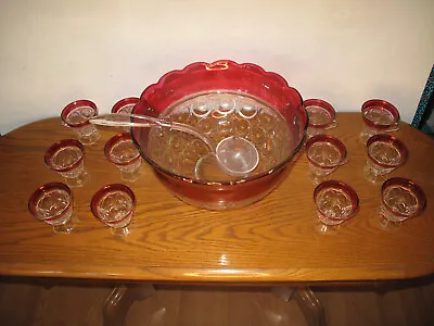 Vintage Indiana Glass Kings Crown Ruby Punch Bowl Set W/ 12 Footed Cups W/Ladle • $100