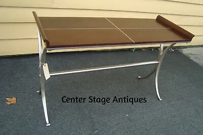 59635   Mid Century Modern Sofa Hall Table Stand Mahogany And Brushed Steel • $325