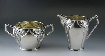 Antique C1890 Art Nouveau German Silver Iris Tea Set Sugar Bowl & Creamer  • $480