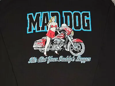 Mad Dog Bagger Motorcycles Shirt Mens Large Sexy Pin Up Hanes Beefy Long Sleeve • $17.89