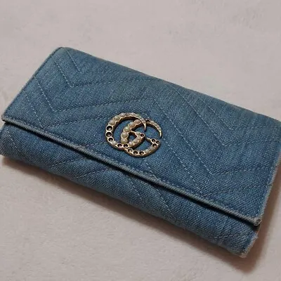 GUCCI GG Marmont Continental Long Wallet Quilted Denim Blue #4 • $378.88
