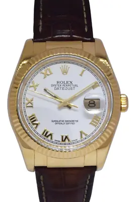 Rolex Datejust 18k Yellow Gold White Dial Mens 36mm Watch On Strap F 116138 • $14850