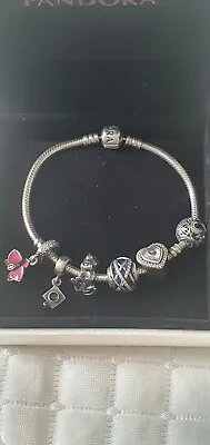 $110 • Buy 100% Genuine Pandora Bracelet With 6 Sterling Silver Charms. Excellent Condition
