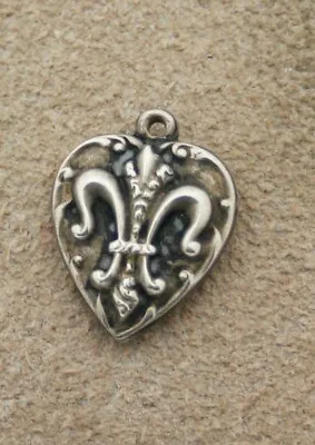 VINTAGE STERLING SILVER PUFFY HEART CHARM - Fleur De Lis & Swirls Border & Engr. • $25