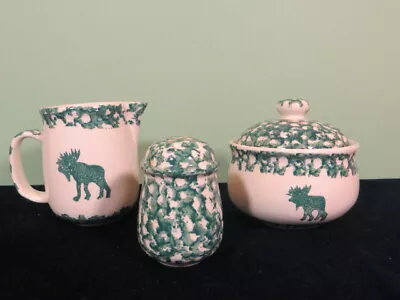 Tienshan Folk Craft Moose Creamer & Sugar Covered Bowl Green + Pepper Shaker EUC • $7.99