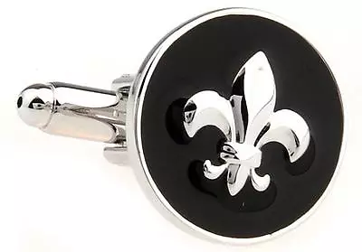 MRCUFF Fleur-de-lys Pair Cufflinks Round Black Bulk Packed Free Shipping • $14.97