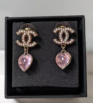 CHANEL Authentic Pink Crystal Heart Drop CC Logo Earrings • $180.20