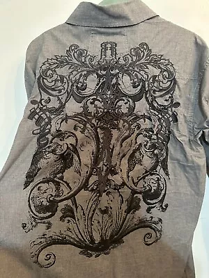 ROAR Mens Gray Embroidered Button-Up Dressy Dragon Embroidered Shirt Large XL • $24