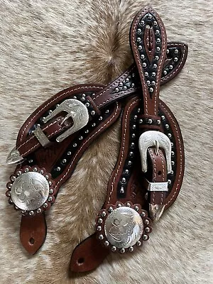 MENS Genuine Leather Engraved Silver Western Pair Spur Straps • $29.95