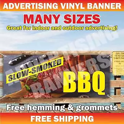 SLOW-SMOKED BBQ Advertising Banner Vinyl Mesh Sign Meat Ribs Burger Bar Food • $219.95