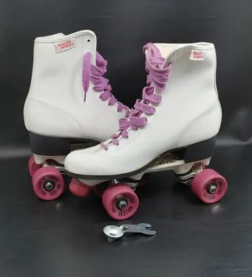 Vintage ROLLERDERBY 1980's Roller Skates White Purple Wheels Size 9 With Key 940 • $29.99