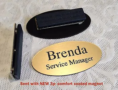 Custom OVAL Name Tags Gold - Black Letters  W/ Magnetic Attachment 1.25  X 2.5  • $4.99