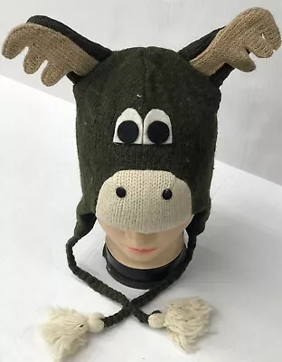 Hand Knitted Himalayan Wool Ski Beanie Trooper Funny Hat Made In NEPAL Antlers • $13.99