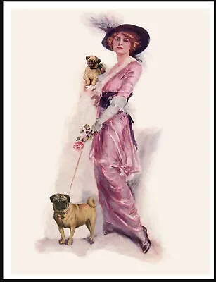£5.99 • Buy Pug Elegant Lady And Dogs Lovely  Vintage Style Dog Art Print Poster 