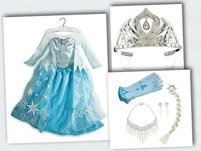 DISNEY STORE FROZEN ELSA COSTUME DRESS DELUXE 1st ACCESSORIES  DISNEY TIARA 7-8 • $74.95