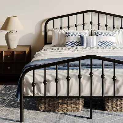 Queen Size Metal Platform Bed Frame With Vintage Style Wrought Iron Headboard An • $234.99