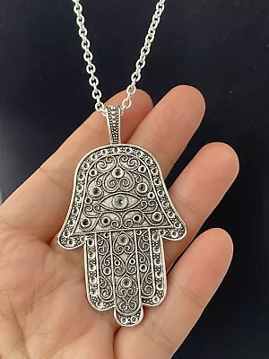 Large Hamsa Hand 70mmx 40mm Tibetan Silver Charm Pendant 30  Long Chain Necklace • £6.99