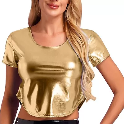 Women's Solid Color Reflective Shiny Metallic Round Neck Short Sleeve Crop Tops • $14.55