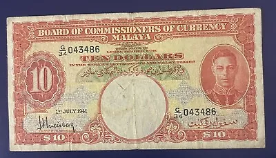 RARE MALAYA ~ KING GEORGE VI ~ 10  DOLLARS  BANKNOTE 1941 Circulated • $205.35