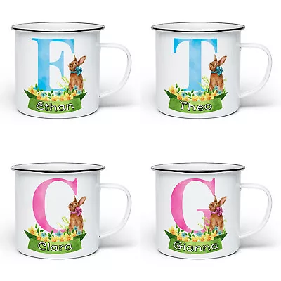 Personalised Any Name Watercolour Bunny Initial Novelty Enamel Tin Mug • £9.99