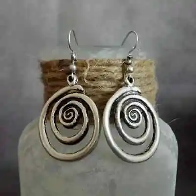 Vintage Retro Style Boho Large Spiral Sterling Plated Dangle Earrings • $3.40