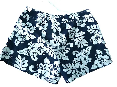 MIKEN Swim Board Shorts Hawaiian Hibiscus Flower Blue White Sz LARGE Fits MEDIUM • £11.39