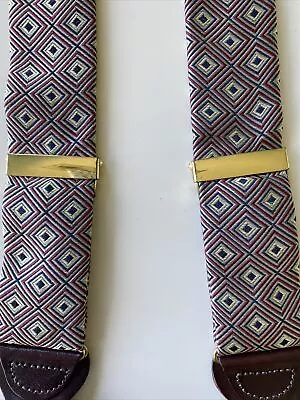 Trafalgar Mens Suspenders Braces Multicolor Geometric Pattern Brown Leather • $34.99