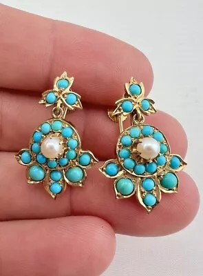 Antique Victorian 14k Yellow Gold Persian Turquoise & Seed Pearl Dangle Earrings • $950