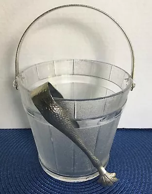 Vintage Clear Glass Ice Bucket With Hammered Metal Handle And Matching Ice Tongs • $24.99