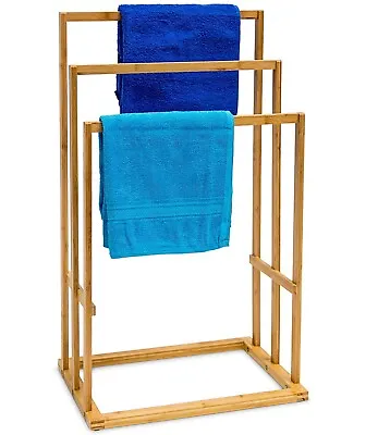 £17.99 • Buy Bamboo Wood Wooden Towel Holder Rail Stand Drying Rack Free Standing  3 Tier 