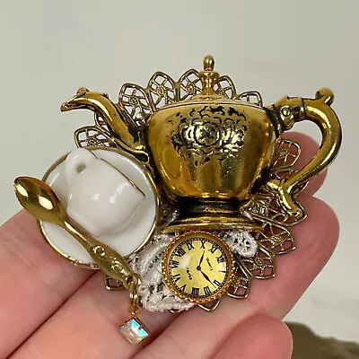 OOAK TEAPOT RHINESTONE BROOCH Alice In Wonderland Miniature Teacup Clock Lace • $41.95