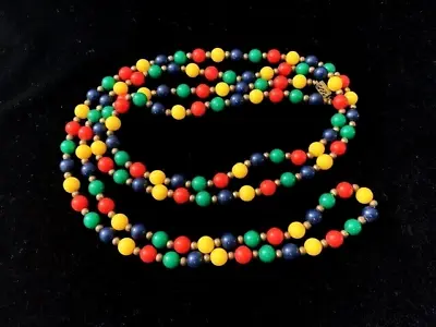 Vintage 1970s PRIMARY COLORS Acrylic & Brass BEAD Long Necklace 54  L Box Clasp • $7.99