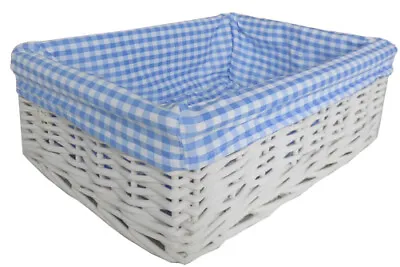 £14.99 • Buy White Wicker Basket & BLUE GINGHAM Liner - Nursery Storage Baby Gift Hamper 35cm