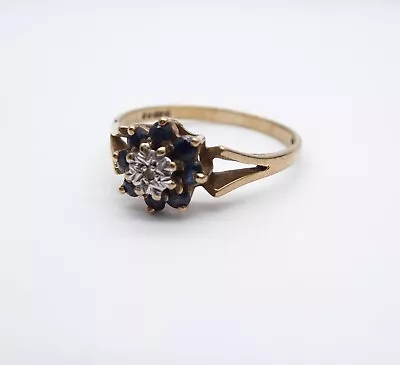 Vintage 9ct Yellow Gold Sapphire & Diamond Cluster Ring – Size N • $241.79