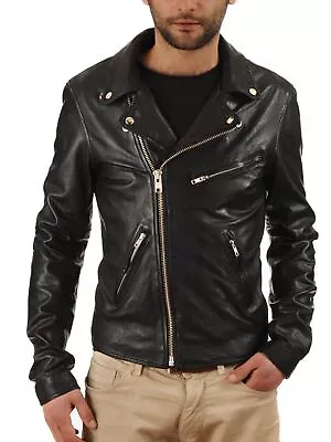 New Leather Jacket Mens Biker Motorcycle Real Leather Coat Slim Fit Black #1196 • $118