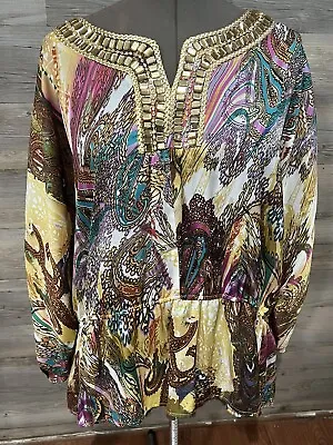 IMAN Golden Yellow Bejeweled Neckline Paisley Print 3/4 Sleeve Blouse Sz 3XL NWT • $64.05