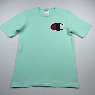 Champion T-Shirt Mens Medium Green Vintage Short Sleeve Tee 90s Big Logo - FLAWS • $10.39