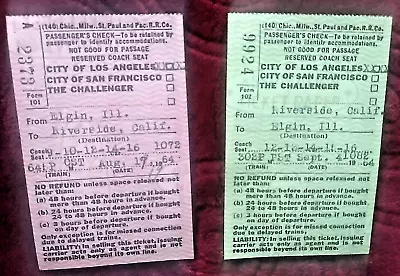 Vtg Round Trip 1964 THE CHALLENGER Train Tickets Pass Riverside CA To Elgin ILL • $11.99