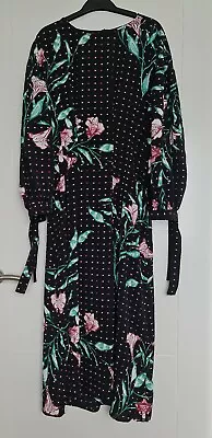 H&m Black Floral Dot 3/4 Tie Sleeve Darted Pleat Mid Length A-line Dress Uk 8 36 • £3.99